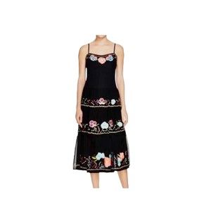Nanette Lepore Folk Fleur Embroidered Midi Tiered Floral Black Dress Size 8